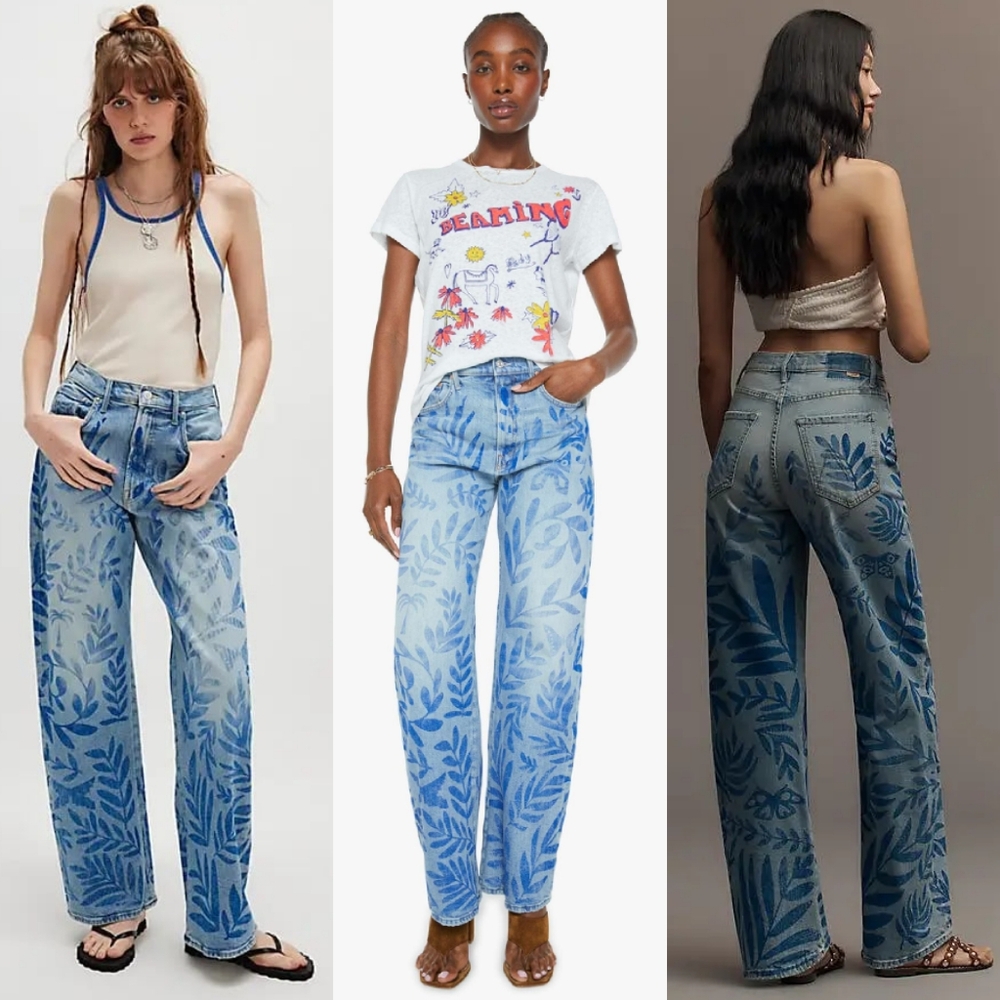 NWT Mother Denim The Lasso Sneak Jeans Pressed Leaves 29 Blue Painted Denim Jean - Picture 3 of 16